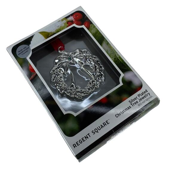 Regent Square Silver Plated Wreath Ornament W/ Swarovski Crystal- New In Box - Picture 6 of 7